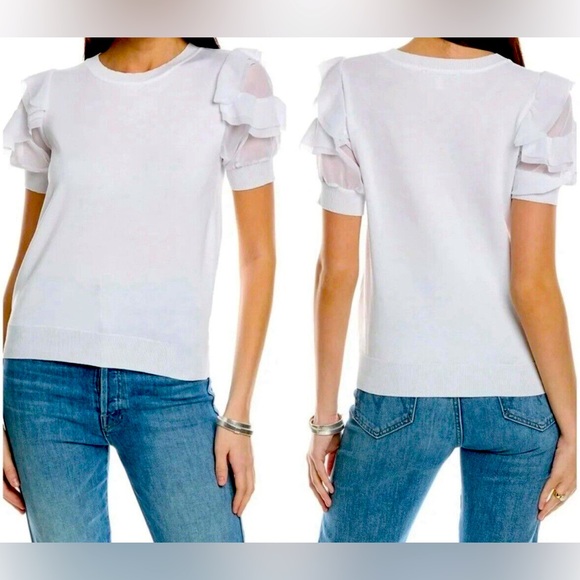 NEW Nanette Lepore White Chiffon  Ruffle Sleeve Pull over Crew Neck Sweater - Picture 1 of 13